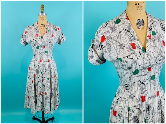 Vintage 1950s Abstract Dress | Green Red Novelty P