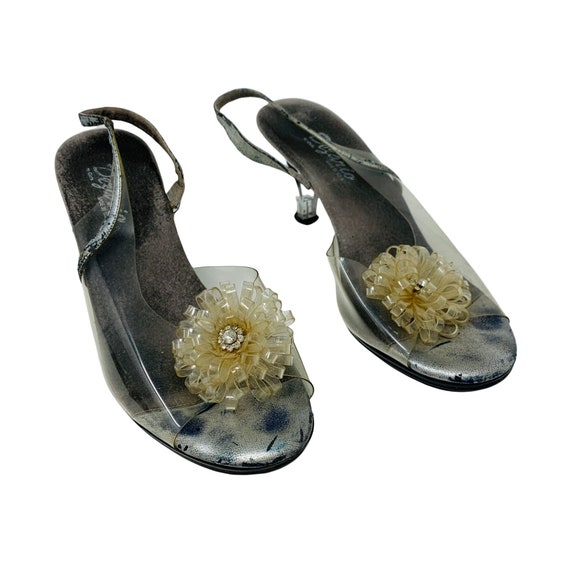 Vintage 1980s Silver Metallic Lucite Slingback He… - image 1