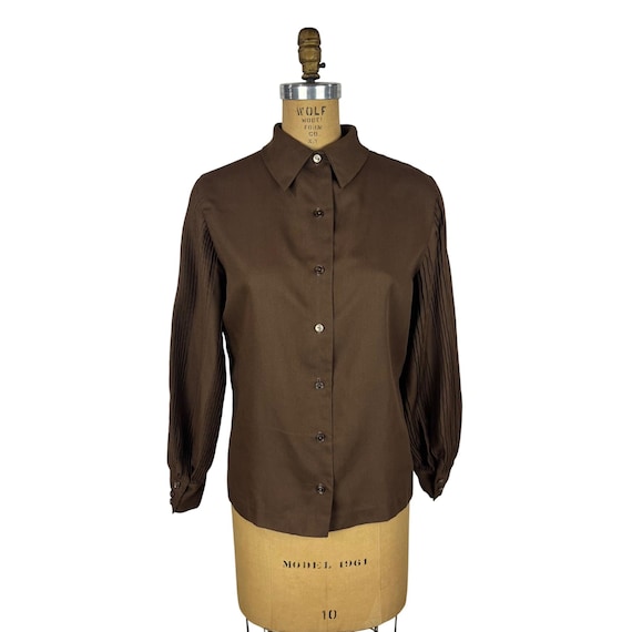 Vintage 70s Brown Shirt Womens Large Pleated Sleeves Button Down Top