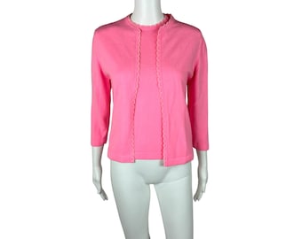 Vintage 60s Sweater Set Women's Medium Bright Pink Scalloped Matching Shell Top Cardigan