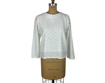 Vintage 90s Lace Blouse Womens Medium White Long Sleeve Top