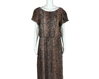 Vintage 80s Leopard Dress Women's Medium Brown Black Animal Print Sheath 50s Style