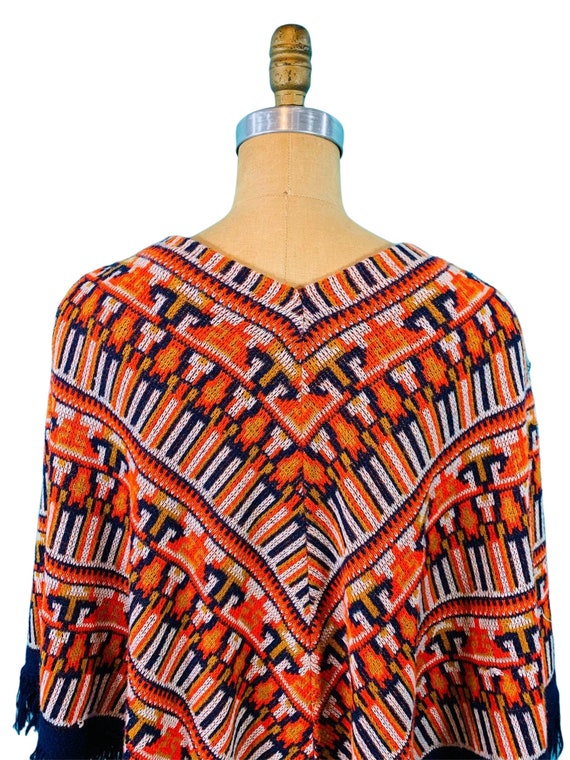 Vintage 1970s Knit Cape Bohemian Navy Ikat Poncho… - image 2