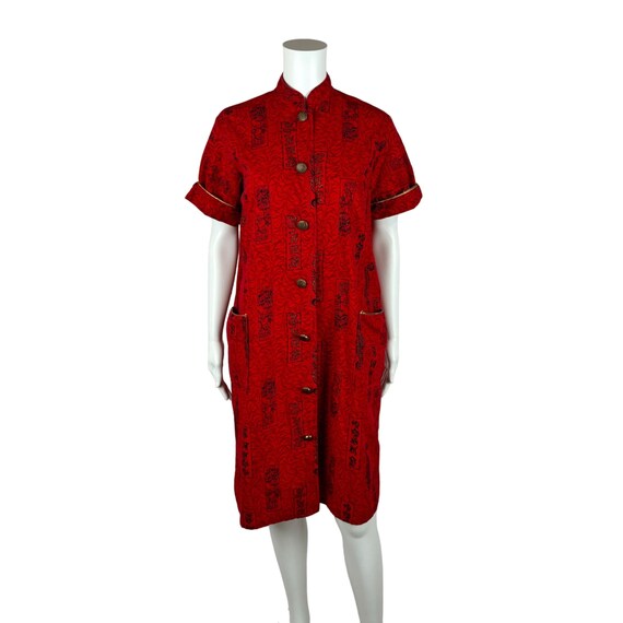 Vintage 50s House Dress Women's Medium Red Gold A… - image 7