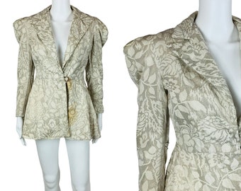 Vintage 1930s Brocade Jacket Peplum Floral Puff Sleeve Registered Design Blazer