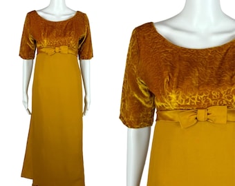 Vintage 60s Formal Dress Women's Extra Small Mustard Yellow Velvet Empire Evening Dress