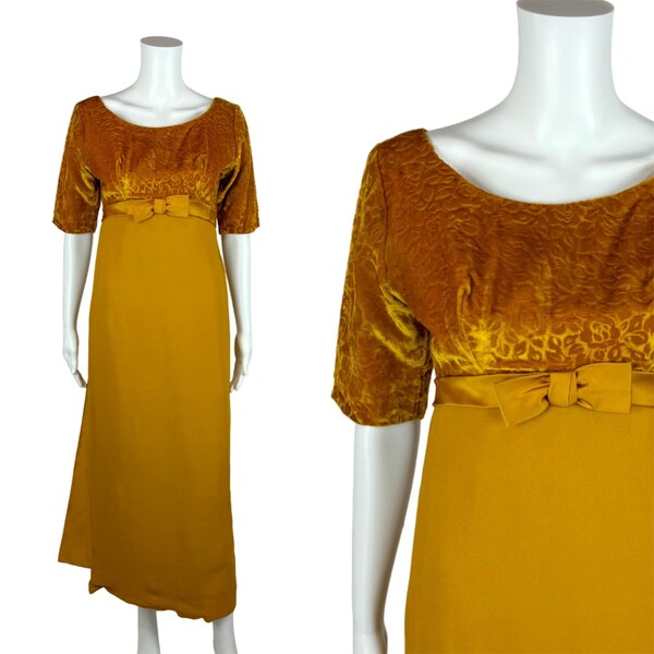 Vintage 60s Formal Dress Women's Extra Small Mustard Yellow Velvet Empire Evening Dress