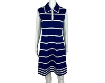 Vintage 60s Striped Dress Women's Medium Blue White Mod Collared Sheath Carina