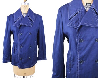 Vintage 1970s Navy Peacoat Europe Craft Blue Nautical Trench Jacket | W 38"