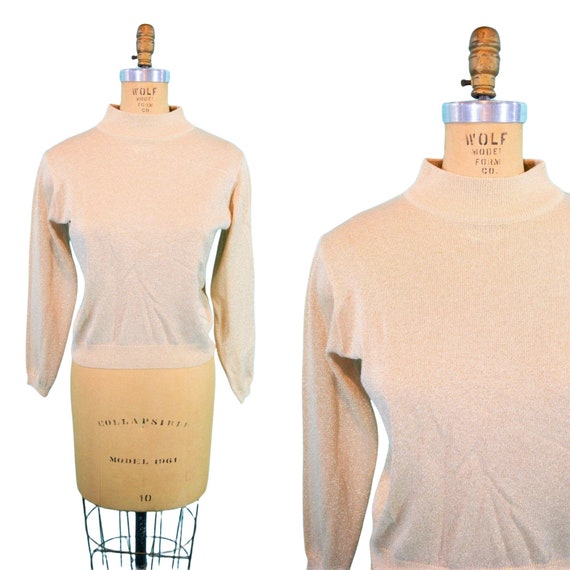 Vintage 1970s Gold Mockneck Top Metallic Sweater … - image 1