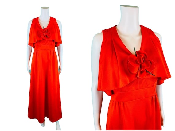 Vintage 1970s Maxi Party Dress Red Flutter Top Le… - image 1