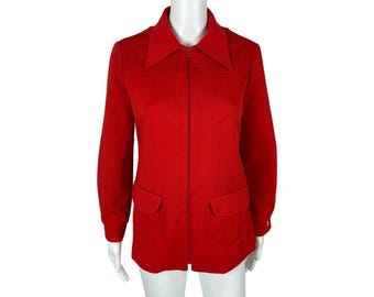 Vintage 70s Zip Up Jacket Women's Medium Anchor Print Sailor Red Long Sleeve Top