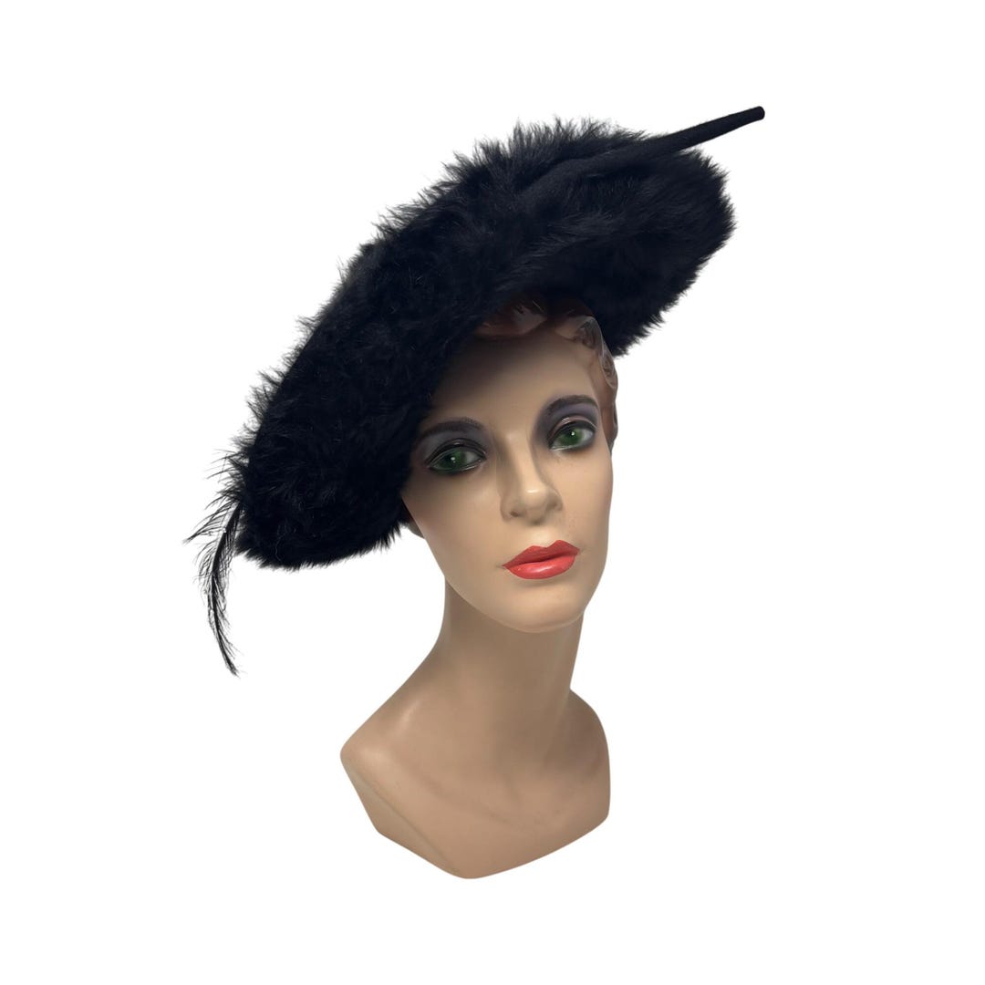 Vintage 50s Faux Fur Hat Black Wide Brim Rhinestone Feather Dramatic Glamorous Vintage 50s Faux Fur Hat Black Wide Brim Rhinestone Feather  main image 3