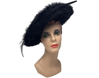 Vintage Black Feather Saucer Wide Brim Hat Under-Hat 40s 50s Rhinestone Crystals Vintage Black Feather Saucer Wide Brim Hat Under-hat 40s 50s  main image 2