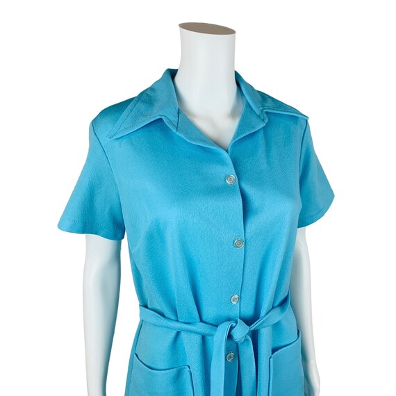 Vintage 1970s Solid Blue Dress Polyester Button D… - image 4