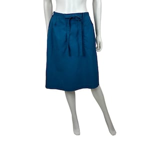 Vintage 80s Wrap Skirt Womens Small Solid Blue Knee Length Tie Waist