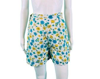 Vintage 1960s Floral Print Shorts Blue Yellow White Cotton | W 26"