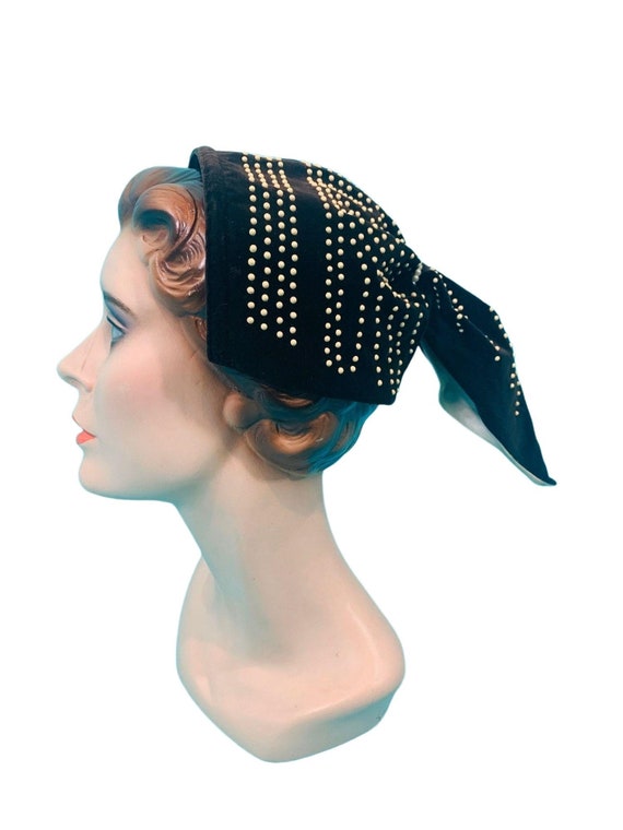 Vintage 1940s Snood Hat Brown Velvet Beaded Ponyt… - image 1