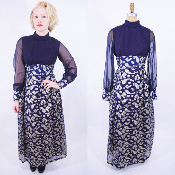 Vintage 1960s Metallic Maxi | Navy Paisley Motif S