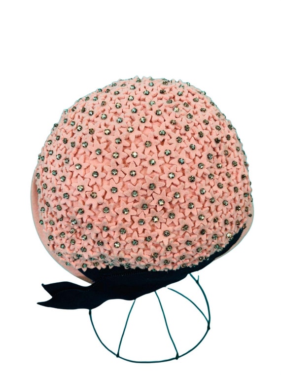 Vintage 1950s Pink Hat Floral Rhinestone Mohlfeld… - image 5