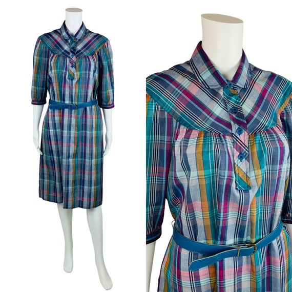 Vintage 1980s Purple Plaid Dress Blue Belted Shea… - image 1