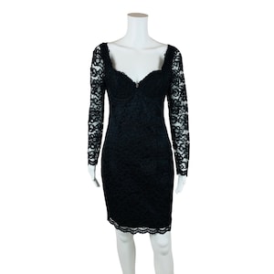 Vintage 1990s Black Lace Bustier Cocktail Dress Wired Cups Sheer Sleeves | W 28&quot;