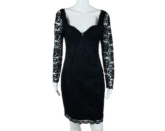 Vintage 1990s Black Lace Bustier Cocktail Dress Wired Cups Sheer Sleeves | W 28"