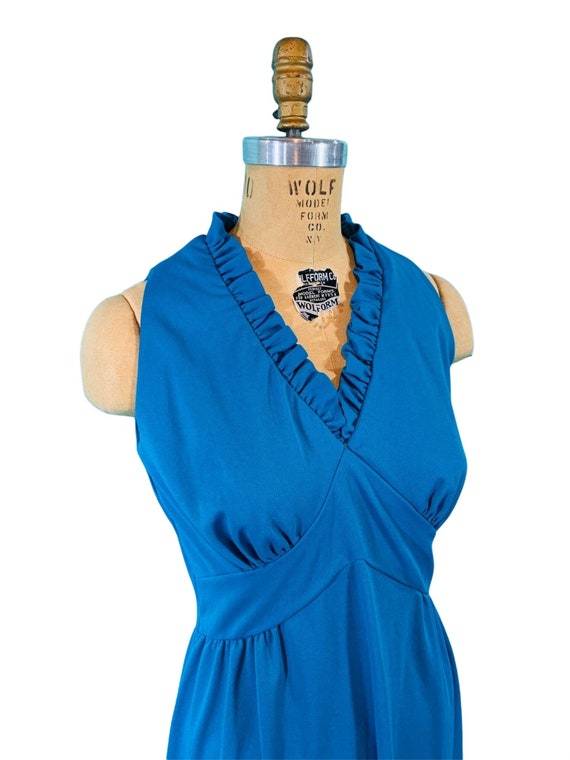Vintage 1970s Blue Maxi Dress Ruffle Empire Waist… - image 7