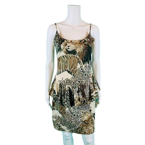 Vintage 80s Mini Dress Womens XS Lion Tiger Animal Print Peplum Party