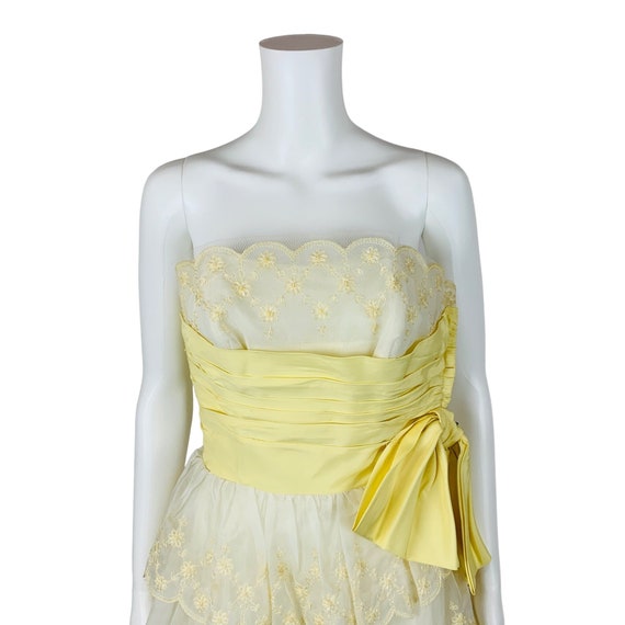 Vintage 1950s Prom Dress Pale Yellow Sash Embroid… - image 3