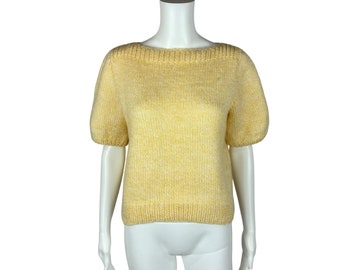 Vintage 80s Crochet Sweater Yellow Handmade Knit Short Sleeve Pullover