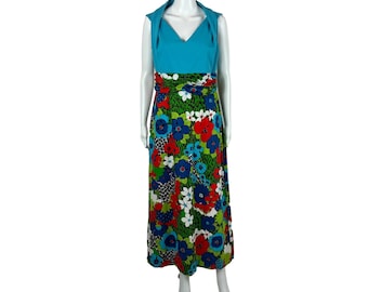 Vintage 60s Maxi Dress Women's Large Strawberry Print V-Neck Multi Colored Maximalist