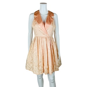 Vintage 1980s Mini Party Dress Peach Brocade Collared Fit Flare Ladiana | W 26"