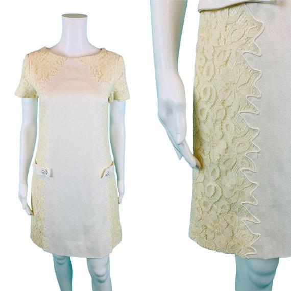 Vintage 1960s Cream Lace Inset Mini Dress Cocktail