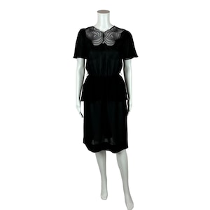 Vintage 80s Cocktail Dress Women&#39;s Small Sheer Black Mesh Neckline Peplum Waist Sheath