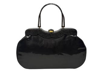 Vintage 50-tals grå handväska Lucite plast sköldpaddshandtag lackskinn stor väska