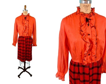 Vintage 60s Plaid Mod Dress Red Orange 2 Piece Look Fall | W 31"