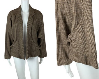 Vintage 1980s Tweed Jacket Open Brown Pointed Detail Batwing Sleeves Avant Garde