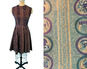 Vintage 1950s Novelty Print Dress Brown Fit & Flare | W 27"