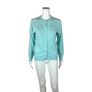 Vintage 60s Floral Cardigan Women&#39;s Medium Blue Embroidered Acrylic Sweater