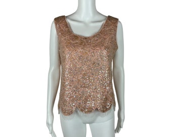 Vintage 50s Sequin Top Women's Large Pink Beaded Dangle Sleeveless Shell AS IS Pin Up VLV