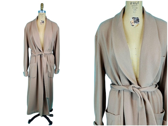 Vintage 1940s Khaki Open Robe Coat Belted Wool Ov… - image 1