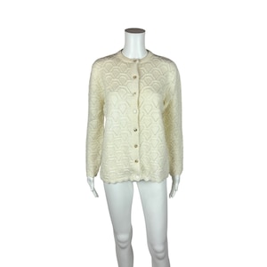 Vintage 60s Cream Cardigan Acrylic Pointelle Women&#39;s Sweater