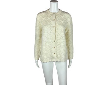 Vintage 60s Cream Cardigan Acrylic Pointelle Women's Sweater