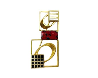 Vintage 1980s Geometric Pin | Modern Gold Red Squares Brooch