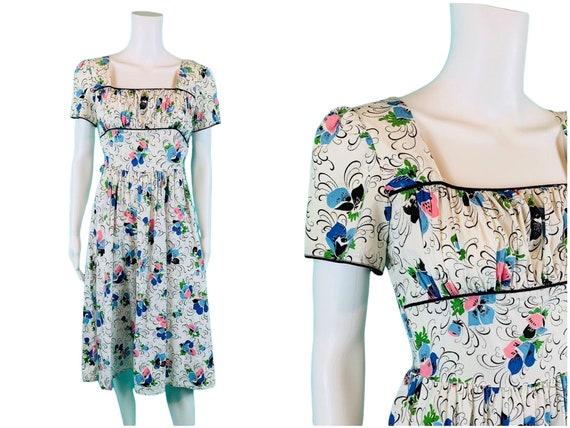 Vintage 1950s Pink Blue Floral Print Dress Shelf … - image 1