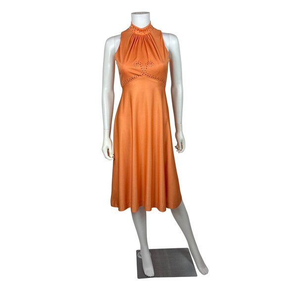 Vintage 70s Cocktail Dress Womens XXS Orange Mockneck Empire Bust Rhinestone Mini