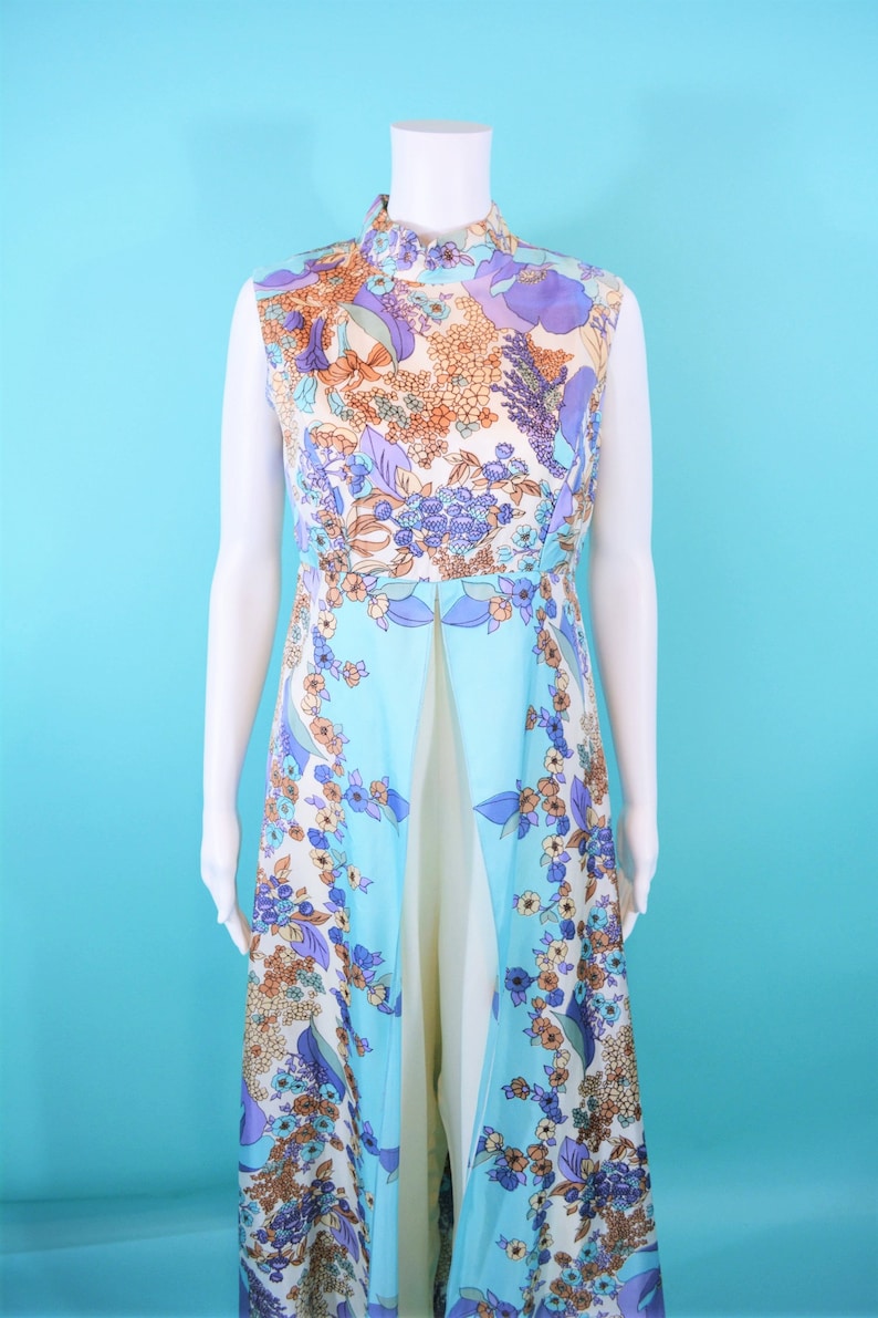 W 30 Vintage 1960s Floral Jumpsuit Purple Blue Watercolor Palazzo Jumpsuit