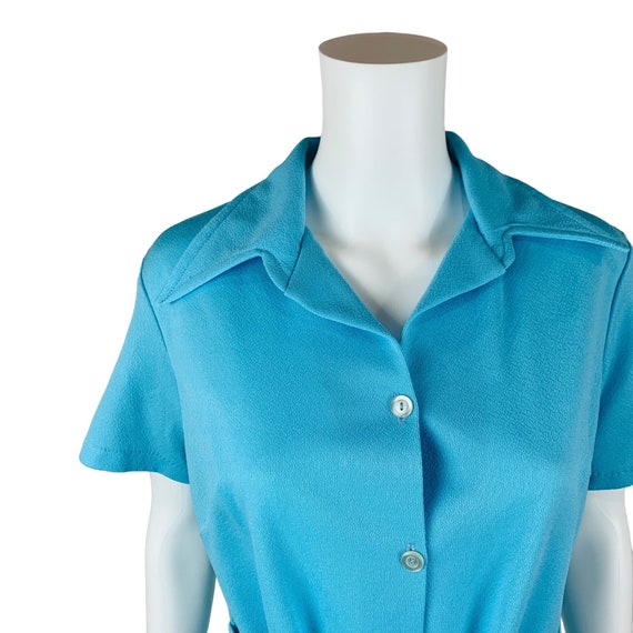 Vintage 1970s Solid Blue Dress Polyester Button D… - image 5