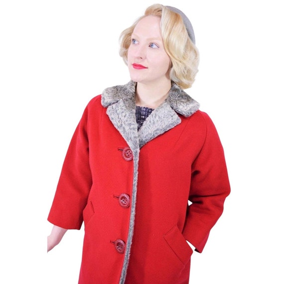 Vintage 50s Coat Cherry Red Gray Faux Fur Collar … - image 3